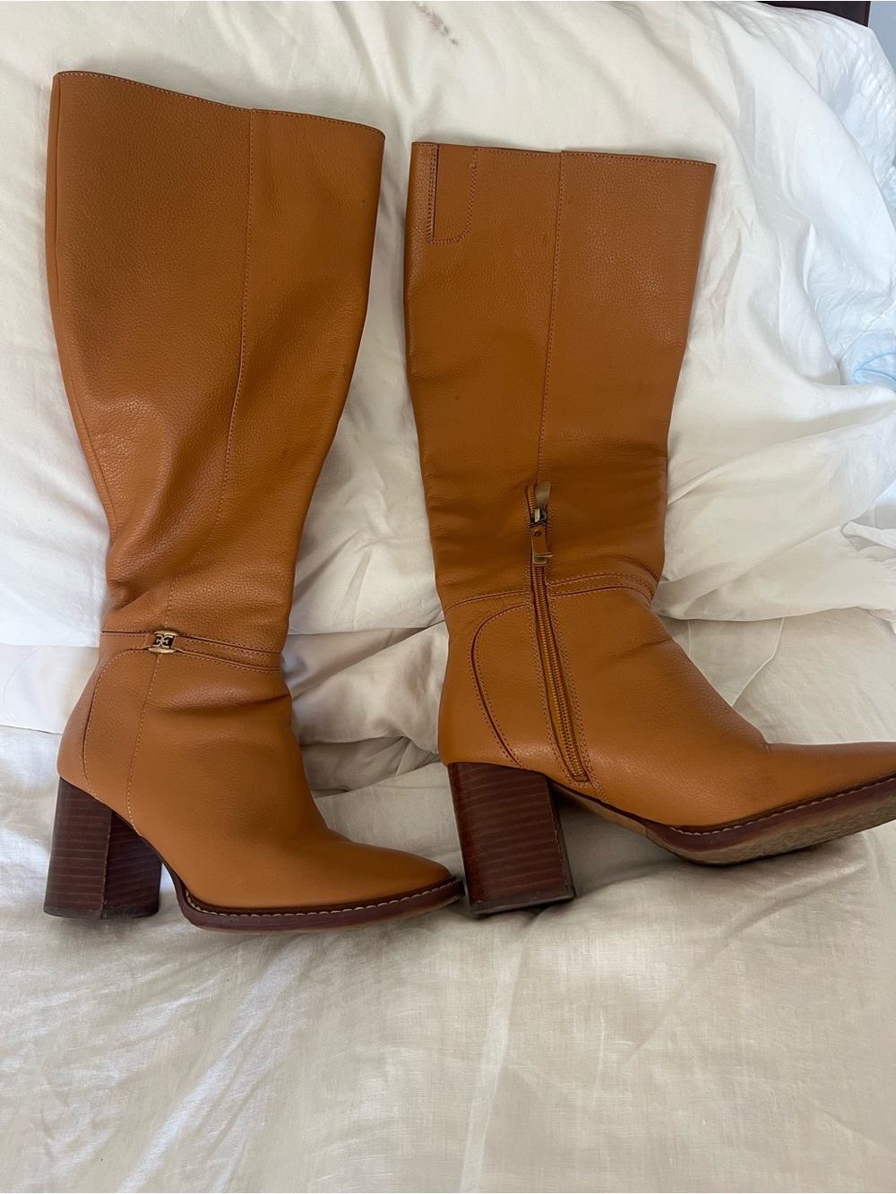 Sam Edelman Cognac Leather Knee Boots with Block Heel